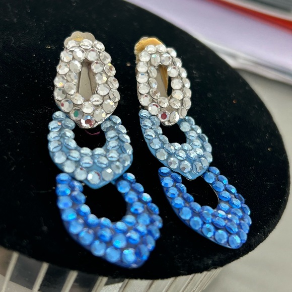 VINTAGE BELLINI 3 HALLOW DROP ROYAL BLUE, BLUE SKY, CLEAR SWAROFSKI CRYSTAL CLIP - Picture 6 of 11